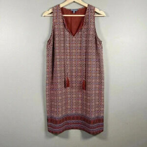 Anthropologie Fleur Bleue Shift Dress Orange Blue Sleeveless Size 6 Tassels Boho